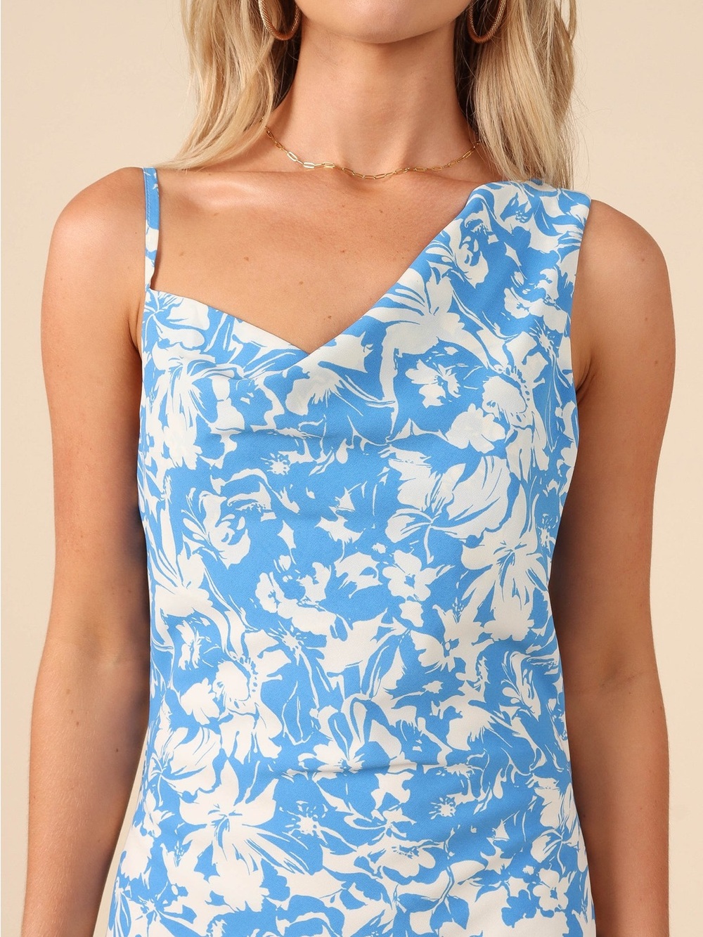 Petal & Pup Blue and White One-Shoulder Floral Slip Dress - Picture 1 of 8